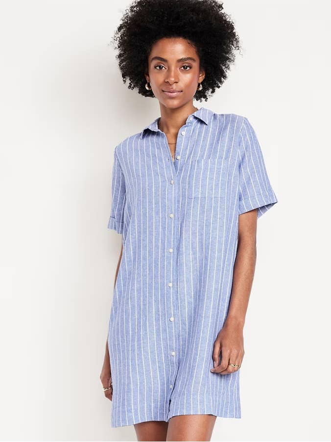Blue & White Striped Old Navy Linen-Blend Mini Shirt Dress
